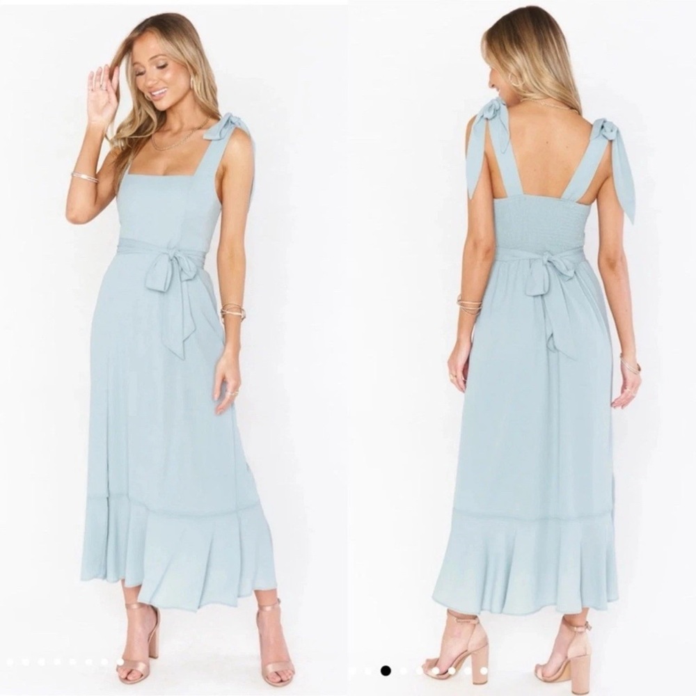 Show Me Your MuMu Blue Ruffled Tie Front Midi Dress